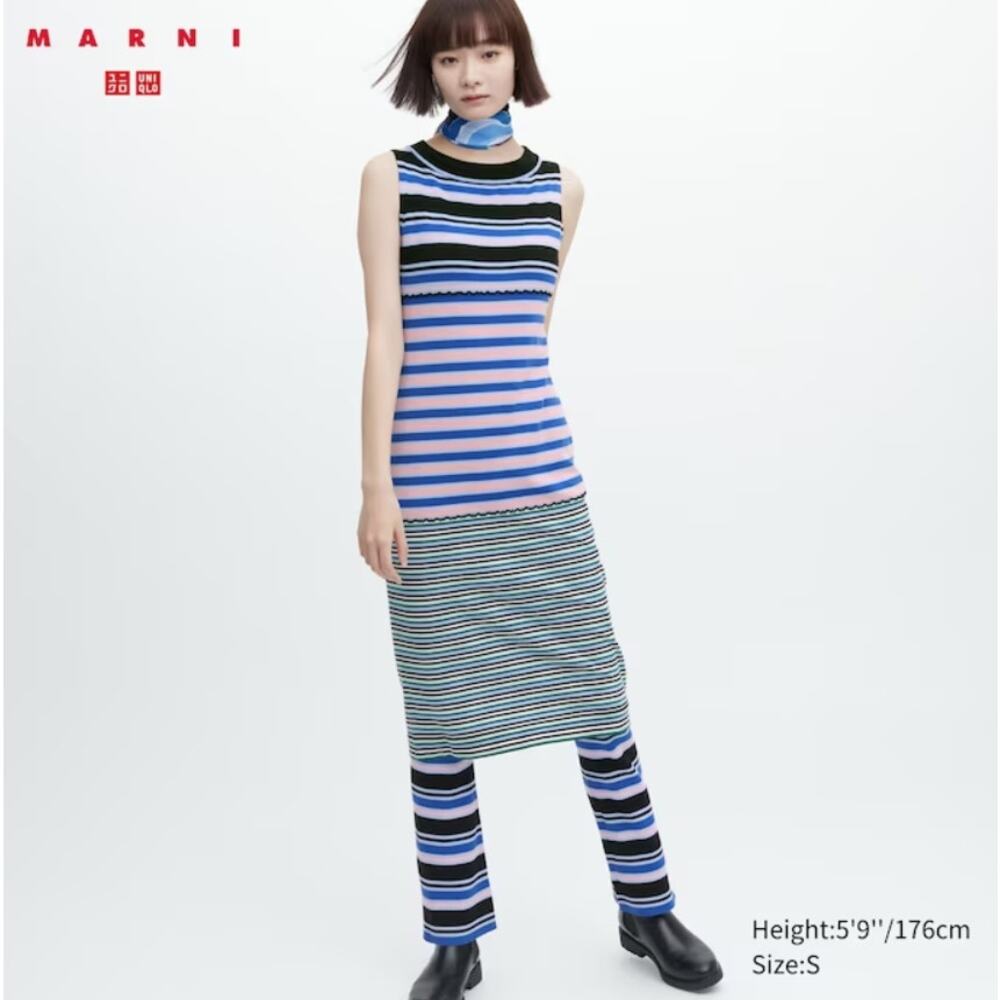 MARNI x Uniqlo Merino Wool Blend Striped Sleeveless Knitted Dress in Blue